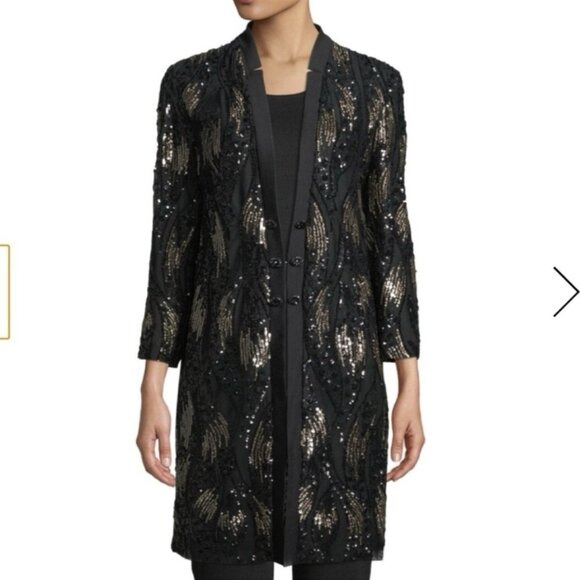 Misook Sequin Mesh Duster Jacket Black Gold Size PXL - Picture 8 of 12